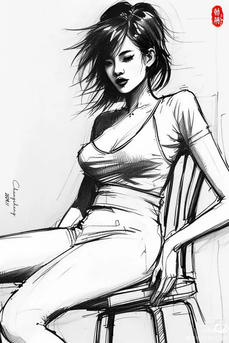 钢笔素描美女坐姿